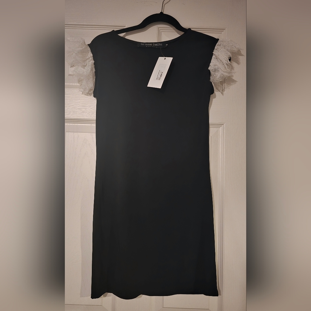 Gia Viviana Dimicova One Of A Kind Black Dress with White Lace Sleeves